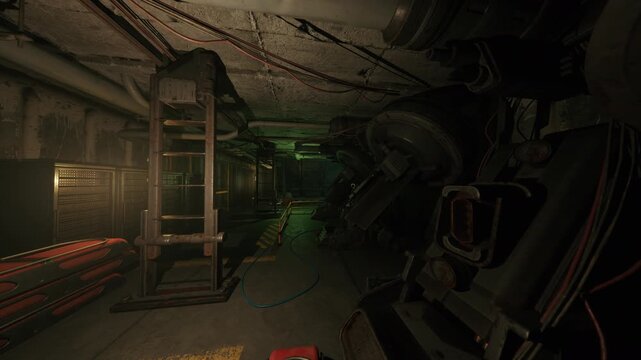 Eerie abandoned powerplant corridor with decaying turbines and scattered debris, corroded control panels and shattered walkways bathed in sickly green light,