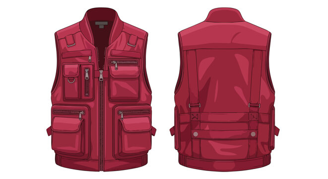 Versatile red outdoor utility vest with numerous functional pockets designed for adventure and practical use