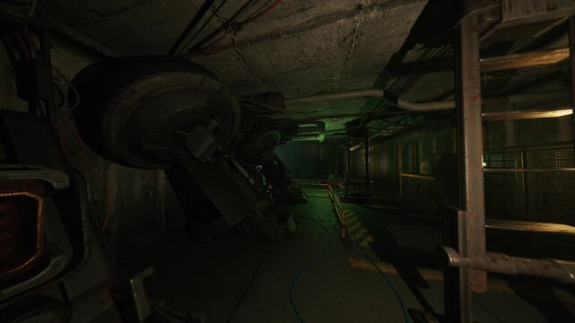 Narrow service tunnel threaded with hanging cables and valves, clamps and brackets securing conduit, damp floors with oil stains, distant fixture glow