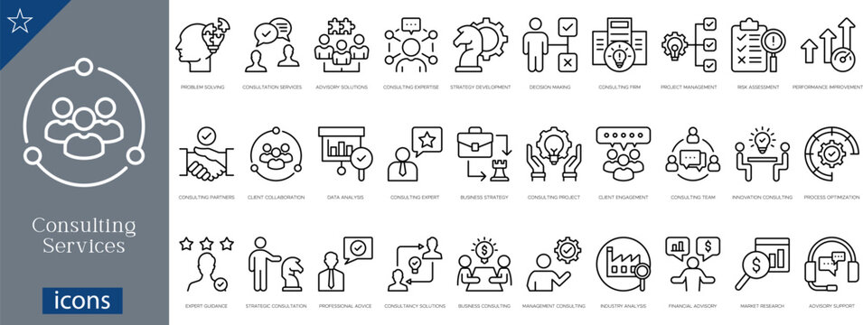 30 Consulting Services Icons Minimalist Outline Line Art for Business Strategy, Team Management, and Professional Advisory
