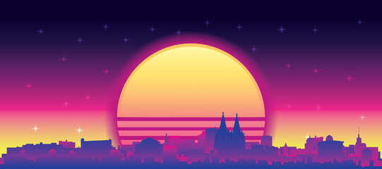 Naklejka premium Purple generic retro futuristic synthwave panoramic poster of the city skyline with misty background sunset buildings of COLOGNE, GERMANY