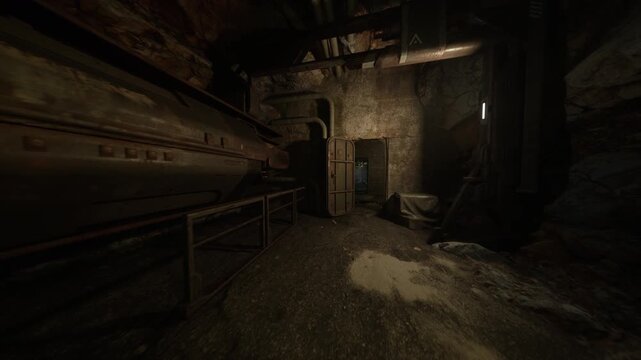 dusty locker room with rusted lockers and sagging tarp, covered stretcher and metal shelf hold forgotten equipment, padlocks and cobwebs cling to corners, damp