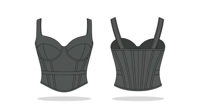 Technical flat drawing of a women's structured gray bustier top, front and back views, for apparel design