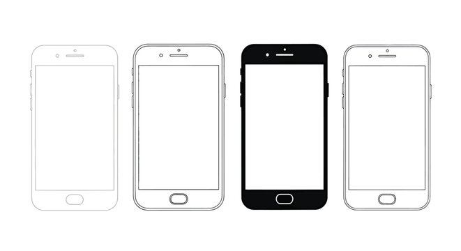 Set of smartphone mockups in white and black designs for technology presentation.