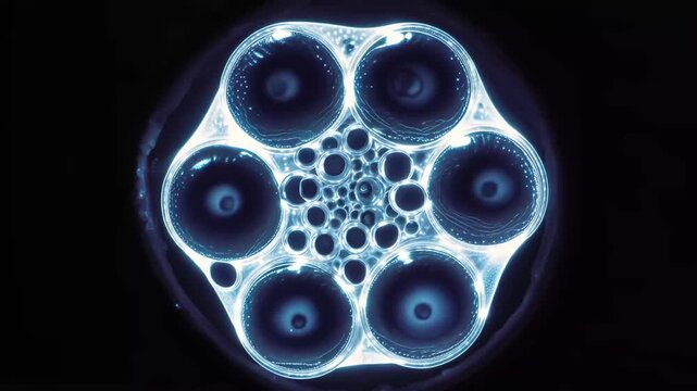 Close view of a microscopic structure showing circles with patterns and details under bright light in a scientific lab setting
