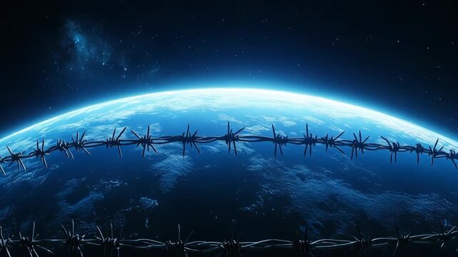 Blue planet earth encircled by sharp barbed wire, symbolizing global crisis and lack of freedom