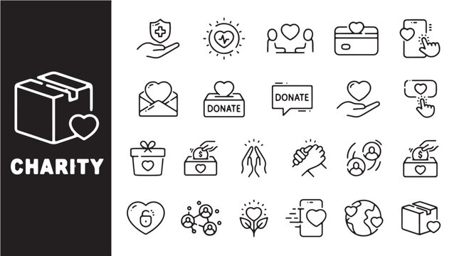 Charity icons set with donation and heart symbols on white background for non-profit organization concepts
