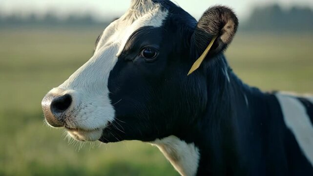 Close-up of a curious black and white holstein cow turning its head in a sunlit green meadow