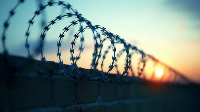 Close-up of razor wire on a security wall with the setting sun in the background
