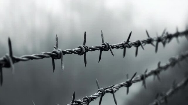 Close-up of a rusty barbed wire fence under a gloomy and overcast sky, creating a somber mood