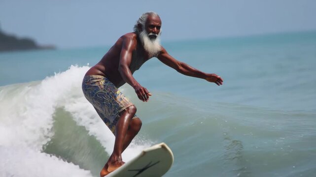 Mature surfer surfing ocean wave