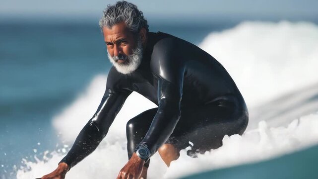 Mature surfer surfing ocean wave
