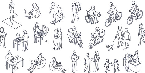 Fototapeta premium People Daily Activities Line Art Vector Set, Human Actions and Lifestyle Outline Icons Collection