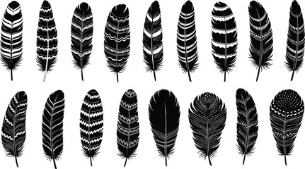 Feather silhouette collection, tribal boho feather set, decorative bird plumage elements, native style ornamental feathers vector illustration © RAFIQUL