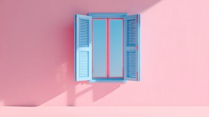 Obraz premium Minimalist Pink Wall With Open Blue Shutters And Red Stripe.