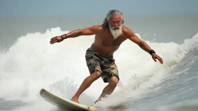 Mature surfer surfing ocean wave