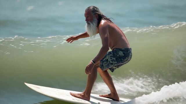 Mature surfer surfing ocean wave