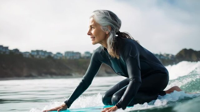 Mature surfer surfing ocean wave