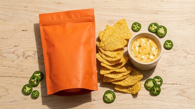 vibrant orange snack packaging with tortilla chips and spicy dip, packaging mockup, pouch mockup