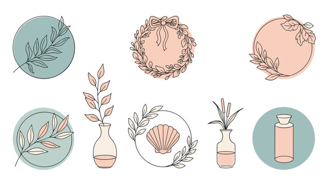 Set of elegant botanical icons with leaf branches vases a wreath and a seashell in soft pastel and teal tones.