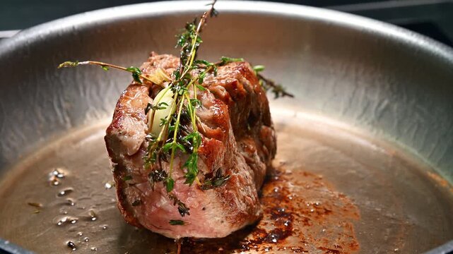 Beef steak cooking in pan with herbs and spices, close-up view of preparation
