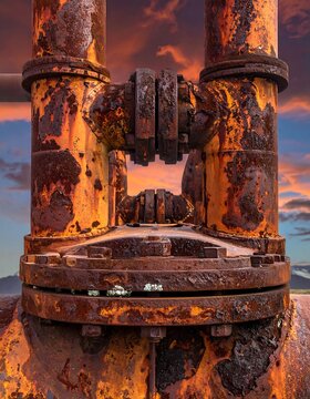 Close-up of heavily rusted industrial pipes with flanges, bolts, and a vibrant sunset in the background. The decaying metal glows