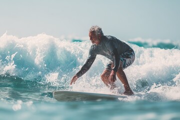 Mature surfer surfing ocean wave