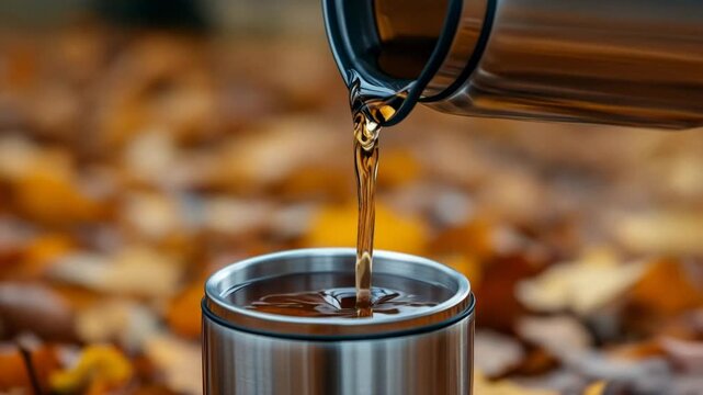 Close-up of hot tea pouring from a thermos into a steel mug with autumn leaves in the background