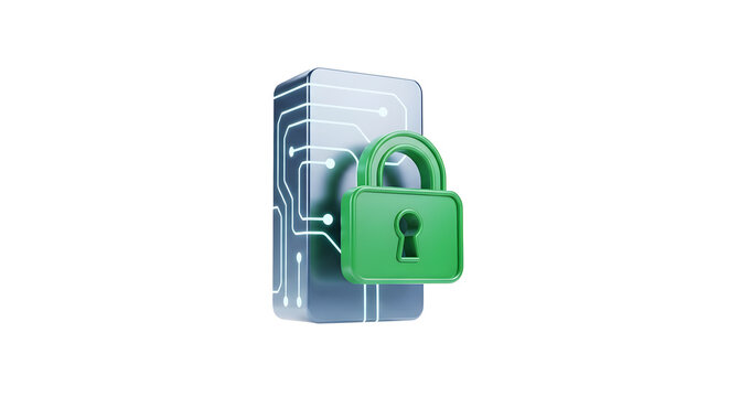 3D Secure Server Icon with Neon Circuitry and Green Padlock Isolated on Transparent Background for Cyber Security