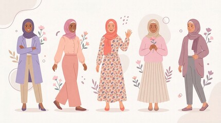 Obraz premium Modern Modest Fashion Outfit Variations for Muslim Women Illustration