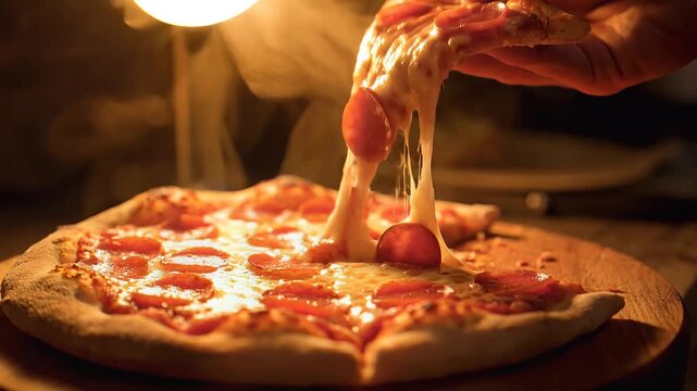 Pizza Delight: A close-up shot captures the irresistible allure of a freshly baked pepperoni pizza. The cheese stretches invitingly, pulled from the pie, revealing its gooey, melty texture.