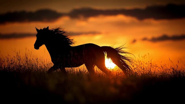 Majestic horse silhouetted against a golden sunset, galloping through tall grass on a prairie