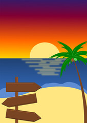 Fototapeta premium Tropical Beach Sunset with Direction Signboard – Summer Travel Concept Illustration