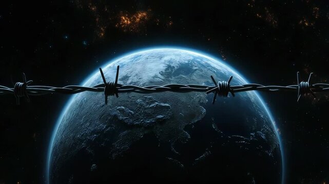 Symbolic concept of planet earth being imprisoned, restricted, or in crisis, seen from space