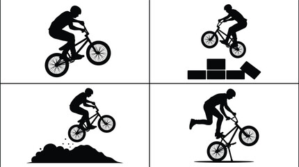 Naklejka premium BMX rider silhouettes performing tricks and jumps, extreme cycling action set, black vector illustration for sport, freestyle biking, stunt performance and urban activity concept
