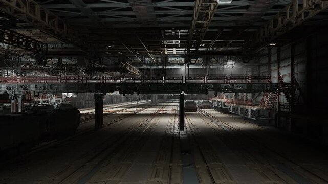 Dim maintenance bay with single spotlight, long shadowed aisles, suspended piping and exposed wiring, implied security patrol or inspection drone could operate