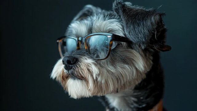 Close up portrait of a smart miniature schnauzer dog wearing nerd eyeglasses on a dark background