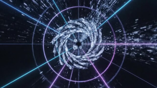 A futuristic video visualization of swirling digital particles and lines in a dark space