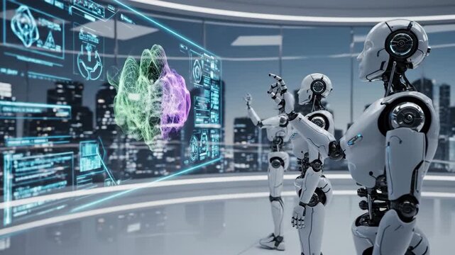 Three humanoid robots interact with holographic data displays in a futuristic urban environment, showcasing advanced technology and digital interfaces in a high-rise setting