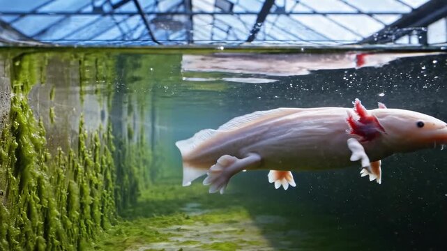 A pale pink axolotl swims gracefully in clear water, its feathery gills fanned out, set against a backdrop of green algae-covered walls and filtered sunlight piercing through the surface