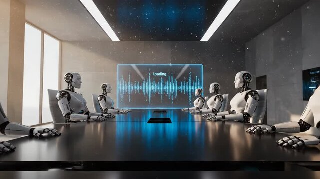 Futuristic conference room with humanoid robots seated around a sleek table, digital interface displaying sound waves and loading animation in a modern office setting