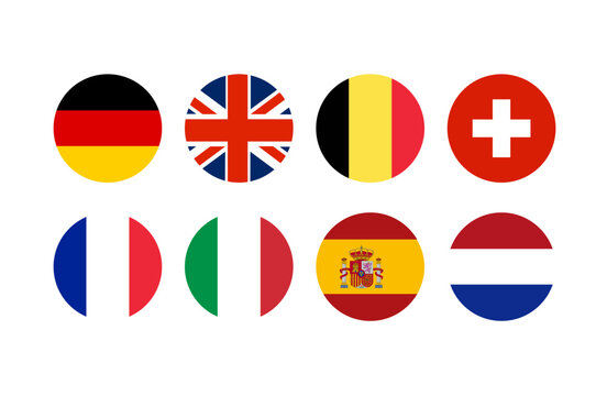 Clean flat design collection of circular national flags representing major European countries including Germany, United Kingdom, Belgium, Switzerland, France, Italy, Spain, and Netherlands.