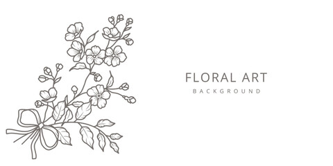 Spring floral frame with line art of sakura branch and a cute bow. Hand drawn flowers and leaves. Vector illustration for card, banner, print, poster, cover, wedding invitation, packaging © Victory
