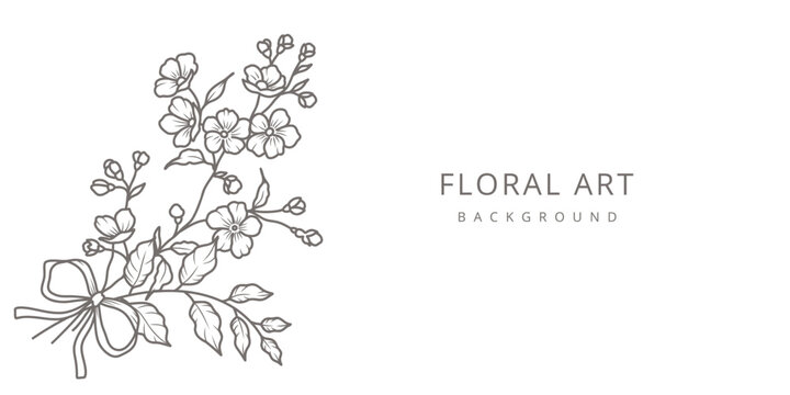 Spring floral frame with line art of sakura branch and a cute bow. Hand drawn flowers and leaves. Vector illustration for card, banner, print, poster, cover, wedding invitation, packaging