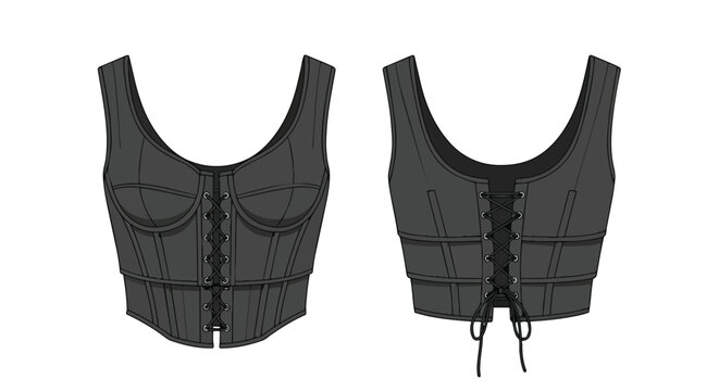 Sleek dark grey corset-style sleeveless top fashion flat technical drawing with intricate lacing detail on both front and back panels, perfect for