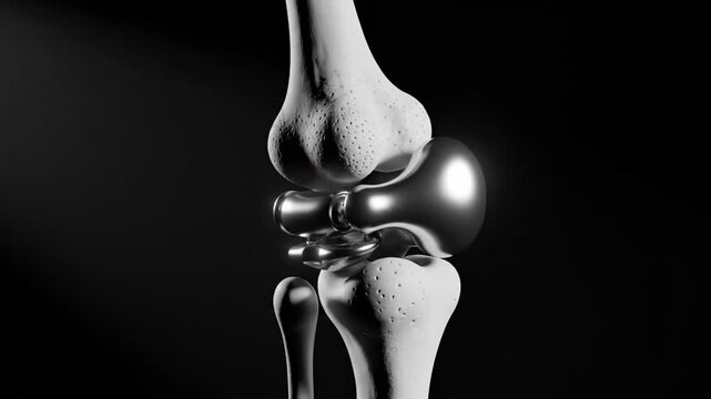 Detailed anatomical model of a human knee joint showing progressive angles and components, including femur, tibia, fibula, and metallic prosthetic elements in a dark background