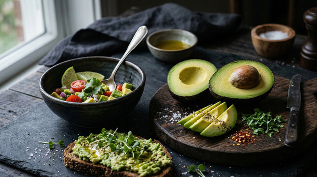 Avocado Culinary Delights: A gourmet display of freshly sliced avocado, a vibrant avocado salad and avocado toast. An ode to simple ingredients elevated to culinary perfection.