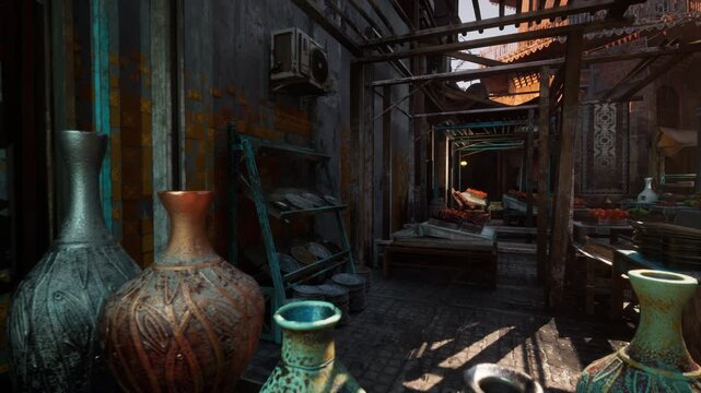 shadowed narrow souk alley at dusk, dim lanterns and stacked shelves lined with pottery and vases, weathered textures and rusted metal frames, collector