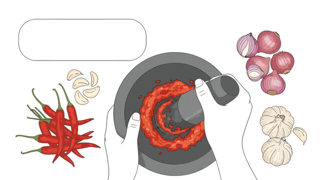 Top View Illustration of Hands Grinding Red Chili Paste in Stone Mortar and Pestle with Shallots and Garlic Ingredients for Indonesian Sambal