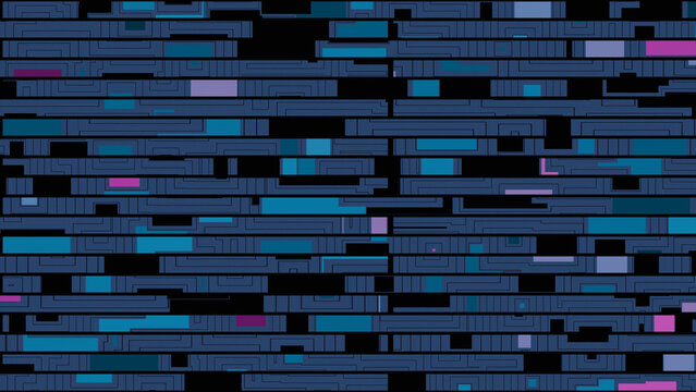 Futuristic background pattern with horizontal digital rectangles and tech lines in dark blue, cyan, and magenta. Perfect for technology themes, cyberpunk concepts, or digital data streams